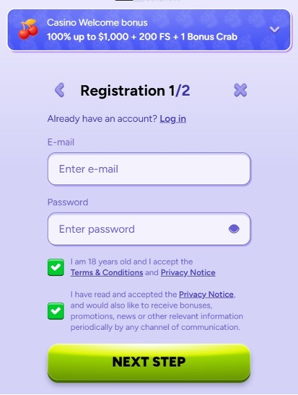 Registration at Spinbara Casino 1 step