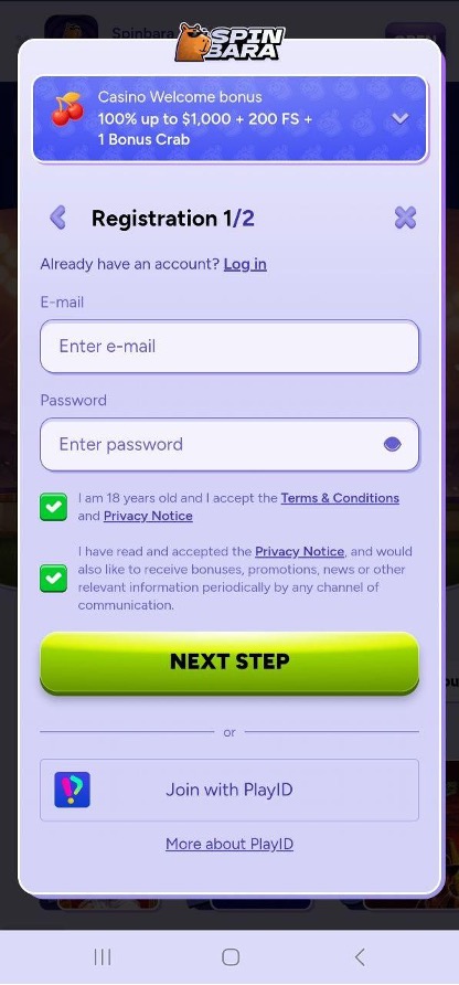 Registration at Spinbara Casino 2 step