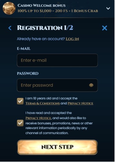 Registration in Wonderluck Casino